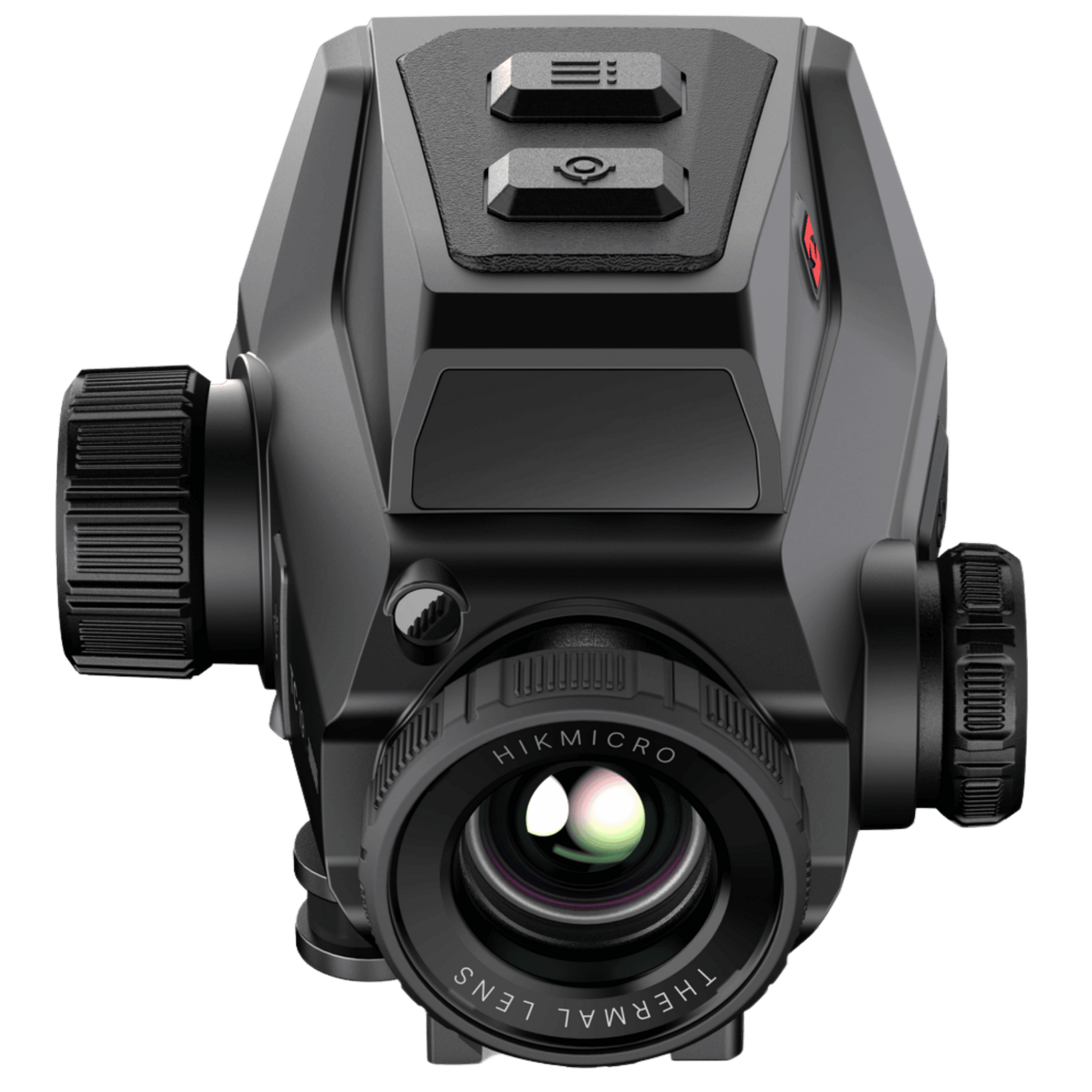 Facing front: HIKMICRO HIKTac TC19 highlighting the wide 19mm F1.0 infrared lens assembly, side battery cap housing, and clean 86.7mm narrow width profile