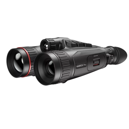 A detailed front-left view of the Hikmicro Habrok Pro HQ50L binoculars. The image emphasizes the dual objective lenses, the inter-pupillary adjustment mechanism, and the device's overall shape.