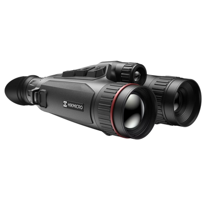 Front-right angled image of the Hikmicro Habrok Pro HQ50L binoculars, showing the dual lens system and user controls on the top.