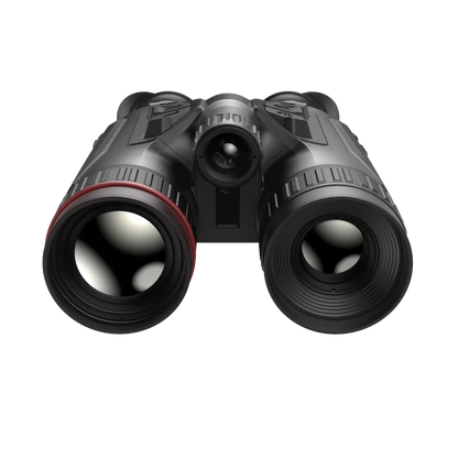 Hikmicro Habrok Pro HQ50L binoculars, shown from a front-right perspective, highlighting the dual lens system and user interface elements.
