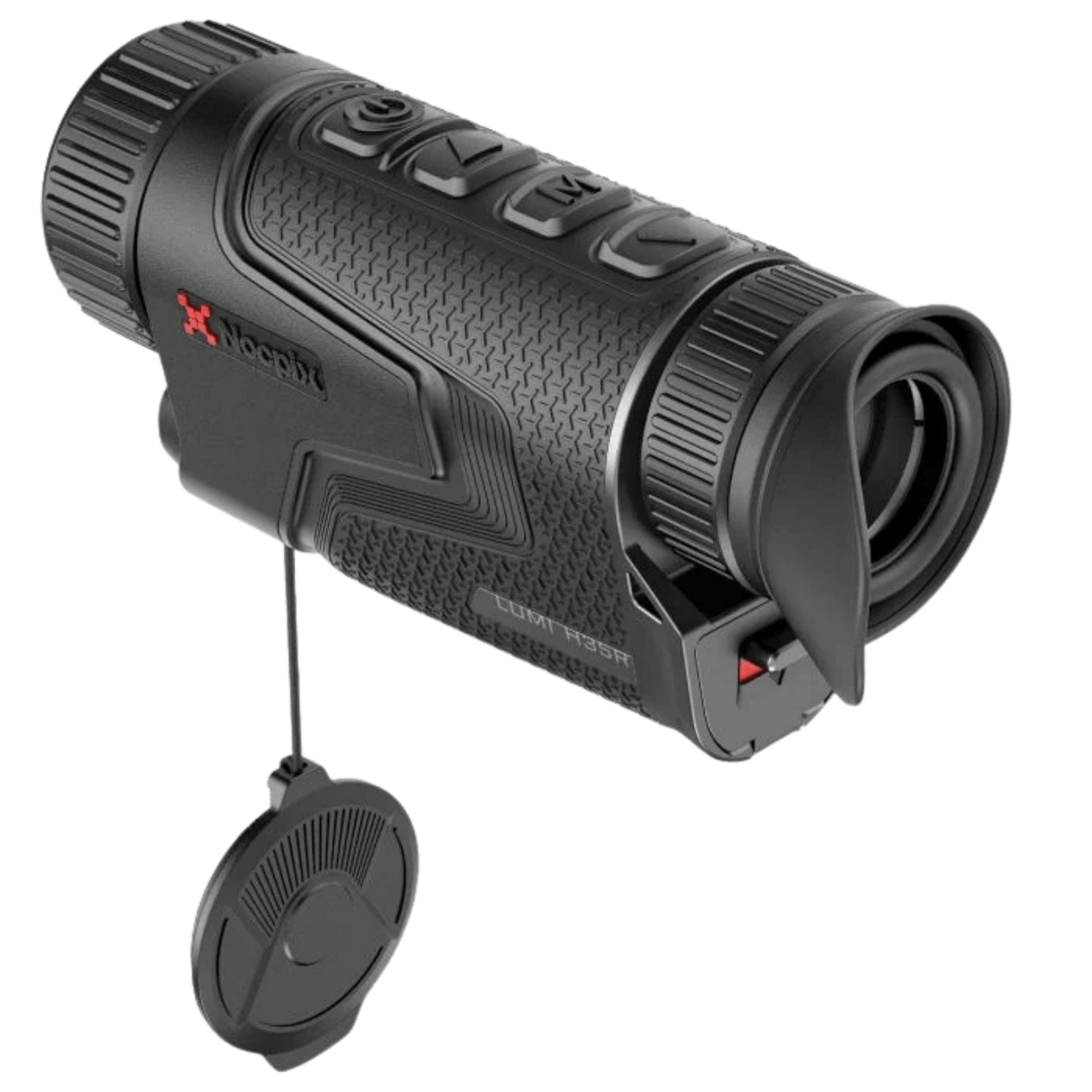 Rear view of the Lumi H35R thermal device showing the 1024x768 AMOLED display eyepiece and tactile top-mounted control buttons.