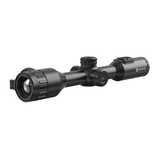 Hikmicro STELLAR SQ50L 3.0 thermal imaging riflescope, shown from the side at a slight angle. It is black with a large objective lens and multiple dials and buttons for adjustments.