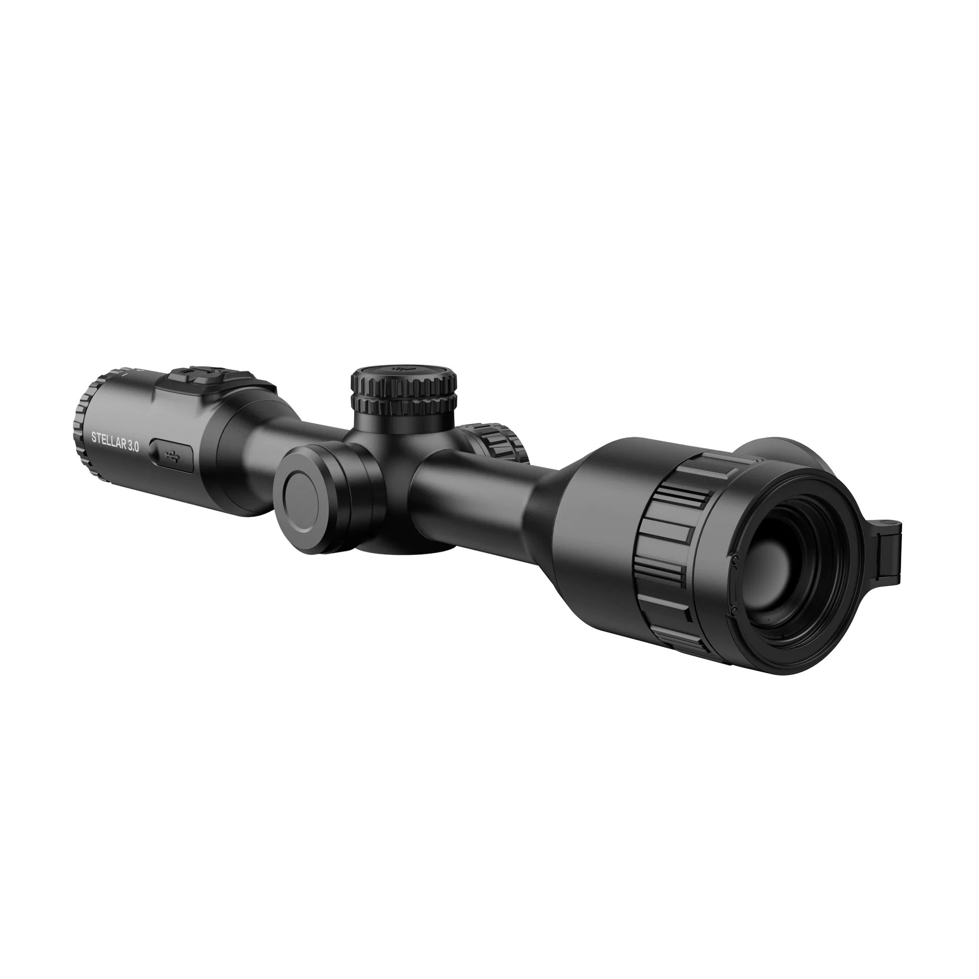 Hikmicro STELLAR SQ50L 3.0 thermal imaging riflescope, shown from the right side. It is black with a large objective lens on the left and multiple dials and buttons for adjustments on the top and right.