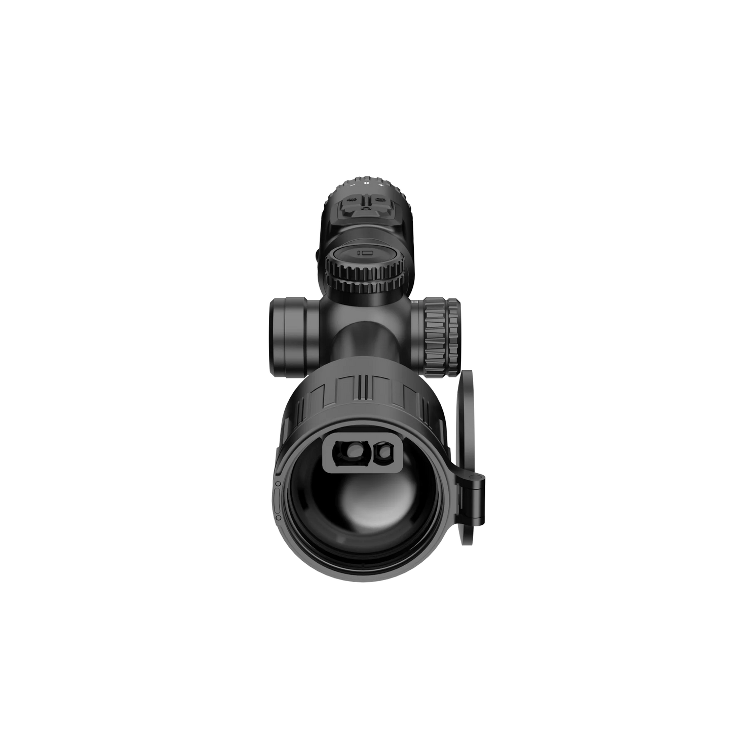 A front view of the Hikmicro STELLAR SQ50L 3.0 thermal imaging riflescope. The large objective lens dominates the image, with the smaller ocular lens visible in the background. The device is black with subtle control knobs and buttons around the housing.