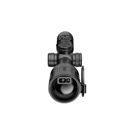 A front view of the Hikmicro STELLAR SQ50L 3.0 thermal imaging riflescope. The large objective lens dominates the image, with the smaller ocular lens visible in the background. The device is black with subtle control knobs and buttons around the housing.