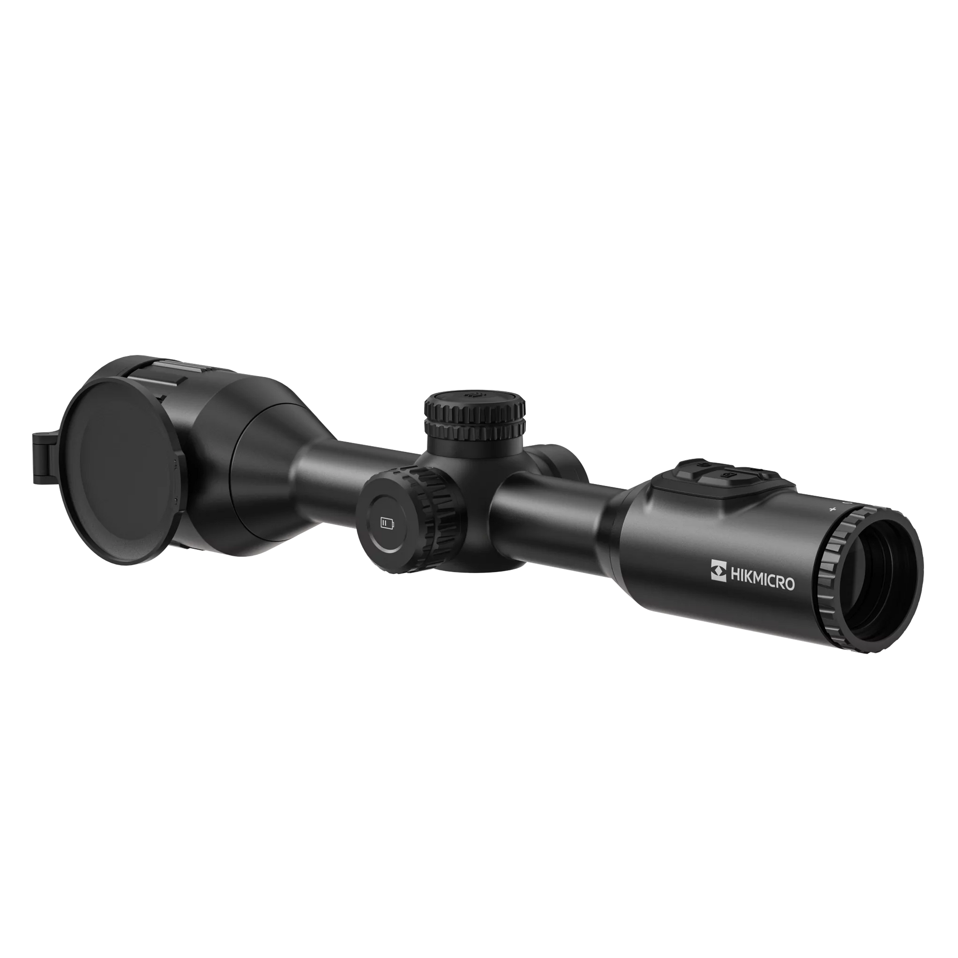 A rear view of the Hikmicro STELLAR SQ50L 3.0 thermal imaging riflescope, slightly tilted to the left. The ocular lens is prominent in the center, surrounded by the device's black housing.  Control knobs and buttons are subtly visible on the sides.