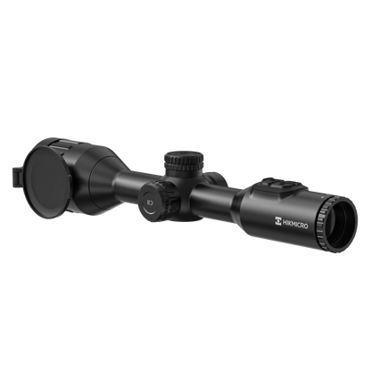 A rear view of the Hikmicro STELLAR SQ50L 3.0 thermal imaging riflescope, slightly tilted to the left. The ocular lens is prominent in the center, surrounded by the device's black housing.  Control knobs and buttons are subtly visible on the sides.