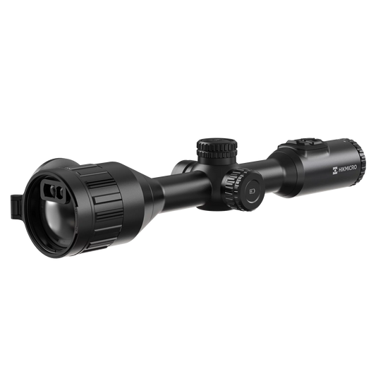  Hikmicro STELLAR SQ50L 3.0 thermal imaging riflescope, shown from the side at a slight angle. It is black with a large objective lens that houses the built-in laser rangefinder, and multiple dials and buttons for adjustments on the top and right.