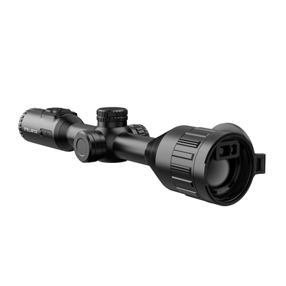  Hikmicro STELLAR SQ50L 3.0 thermal imaging riflescope, shown from the left side. It is black with a large objective lens on the left that houses the built-in laser rangefinder. There are multiple dials and buttons for adjustments on the top and right.