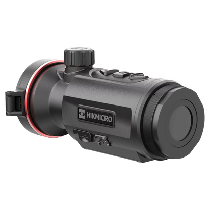 Rear view of a HIKMICRO thermal imaging clip-on scope, showing the mounting threads for attaching to a rifle.