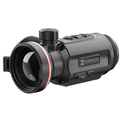 The HIKMICRO Thunder TQ50C 3.0 thermal imaging clip-on scope, shown from the side with the objective lens facing right.