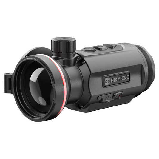 The HIKMICRO Thunder TQ50C 3.0 thermal imaging clip-on scope, shown from the side with the objective lens facing right.