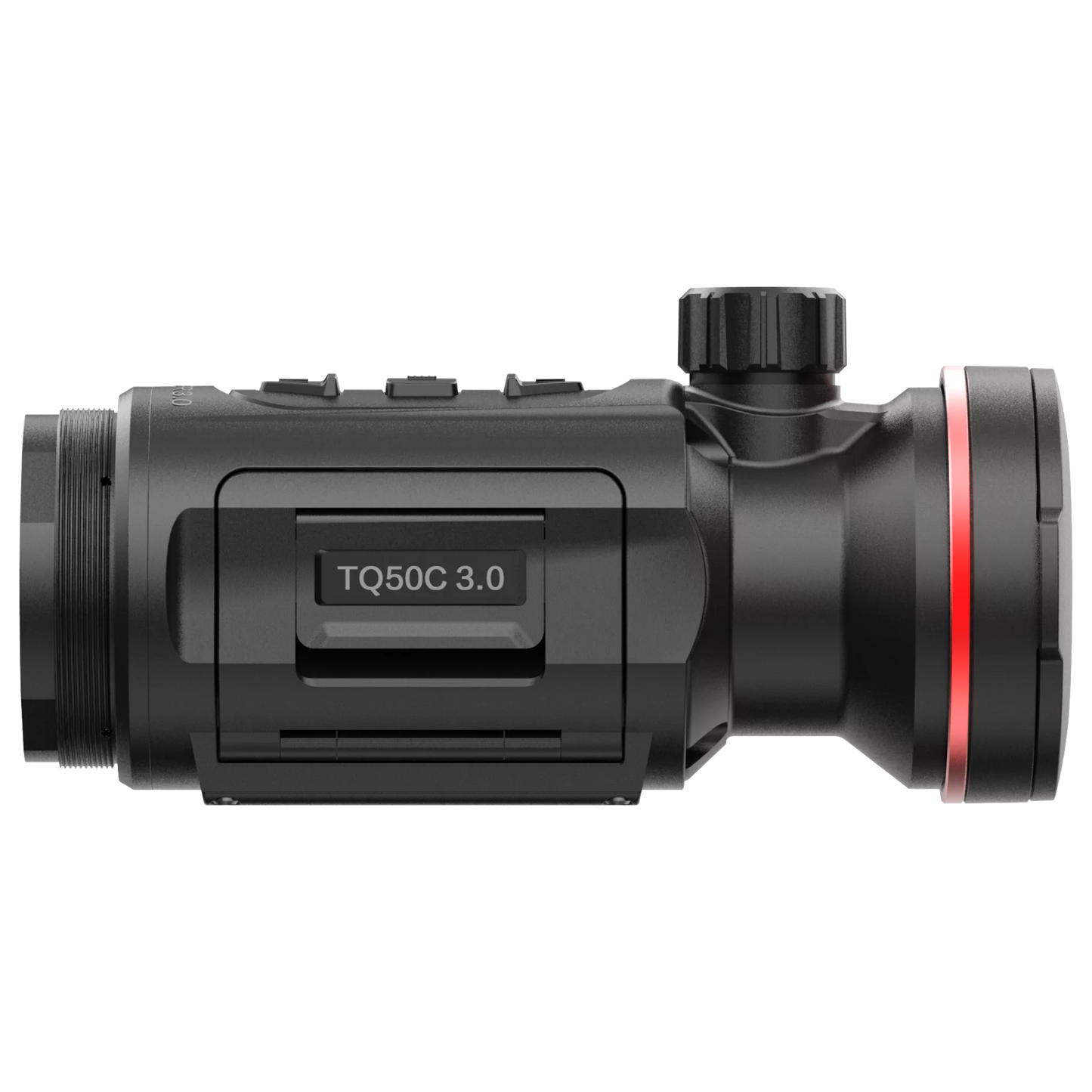 The HIKMICRO Thunder TQ50C 3.0 thermal imaging clip-on scope, shown from the side with the objective lens facing right.