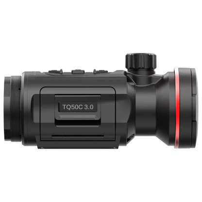 The HIKMICRO Thunder TQ50C 3.0 thermal imaging clip-on scope, shown from the side with the objective lens facing right.