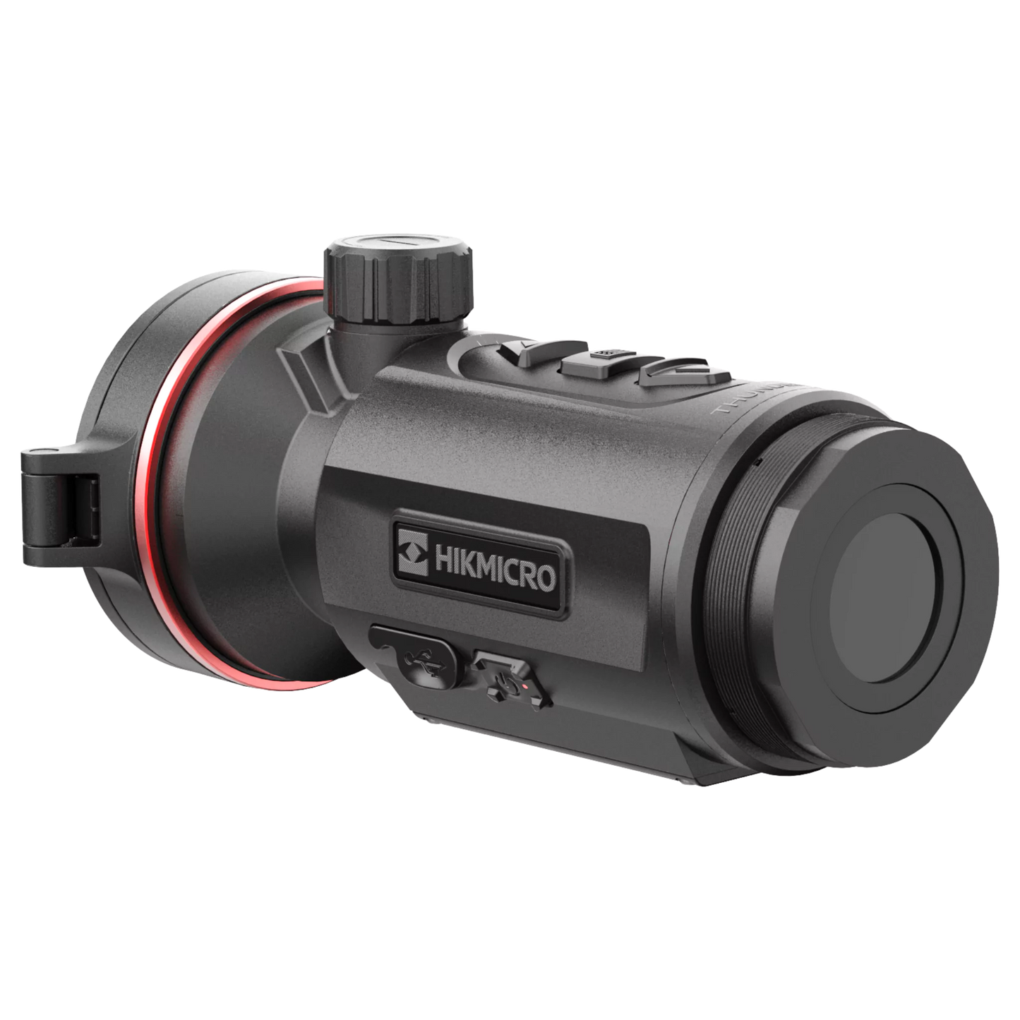 Rear view of the HIKMICRO Thunder TQ50CL 3.0 thermal imaging clip-on scope, with the mounting threads for attaching to a rifle clearly visible.