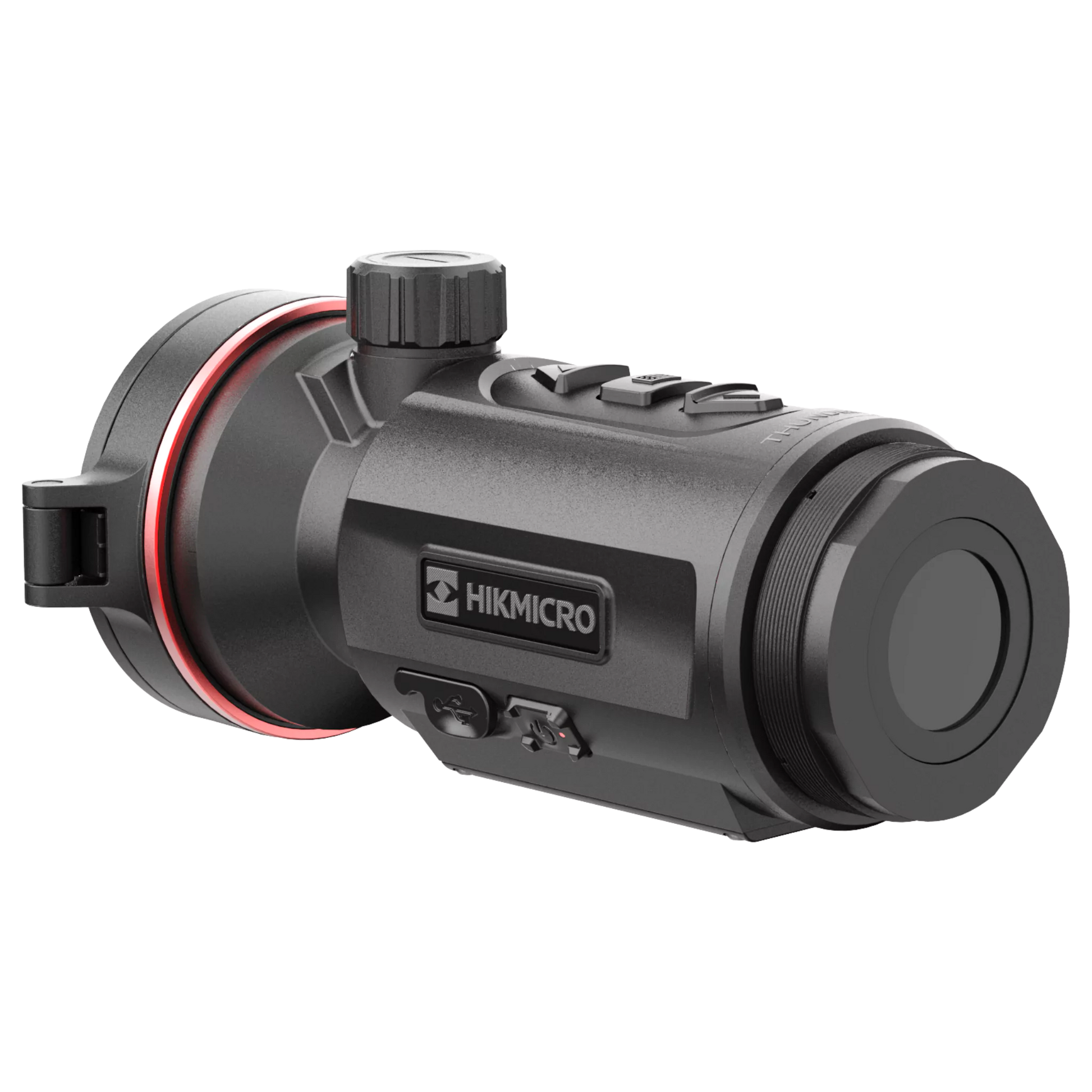 Rear view of the HIKMICRO Thunder TQ50CL 3.0 thermal imaging clip-on scope, with the mounting threads for attaching to a rifle clearly visible.