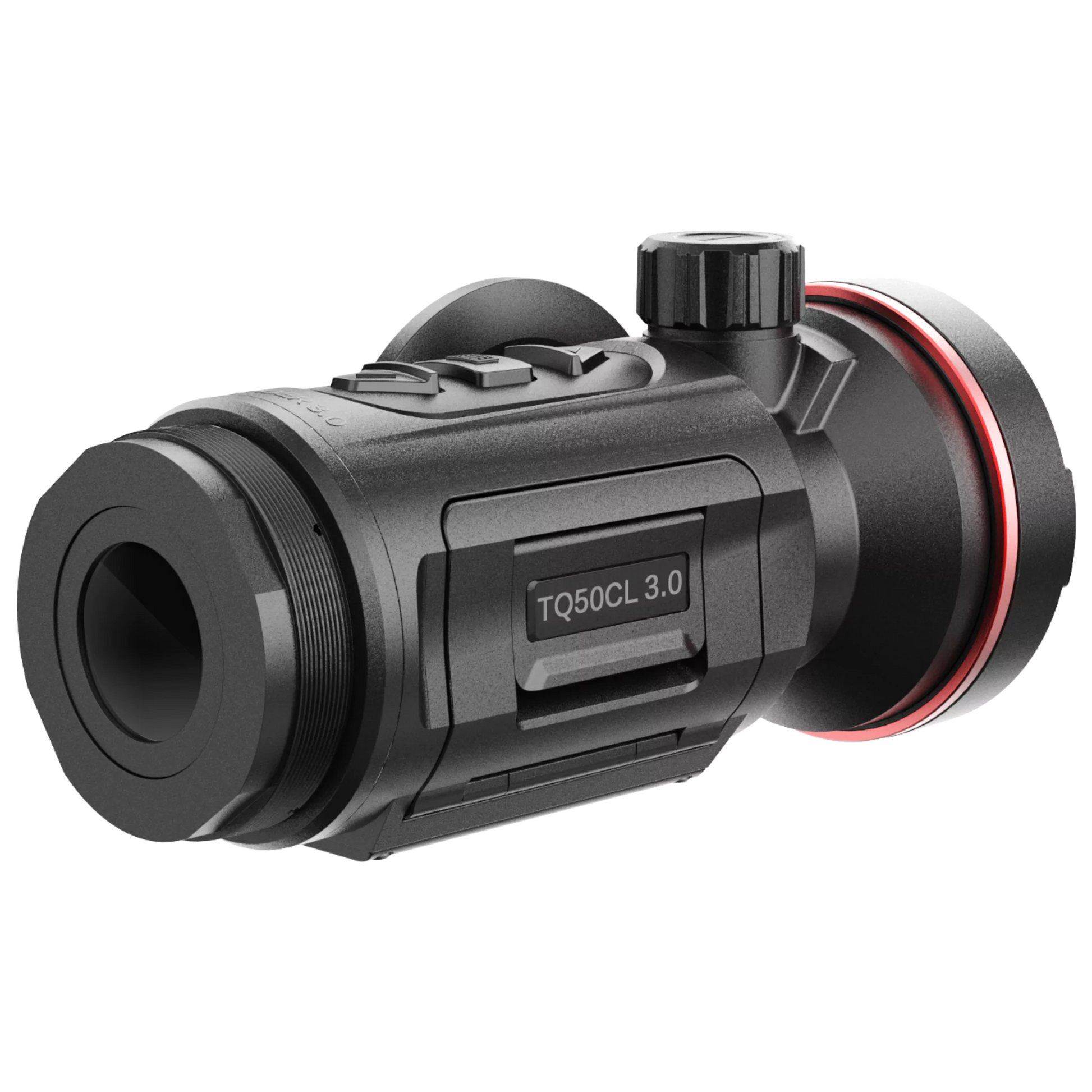 Rear-right view of the HIKMICRO Thunder TQ50CL 3.0 thermal imaging clip-on scope, highlighting the mounting threads for secure attachment to a rifle.