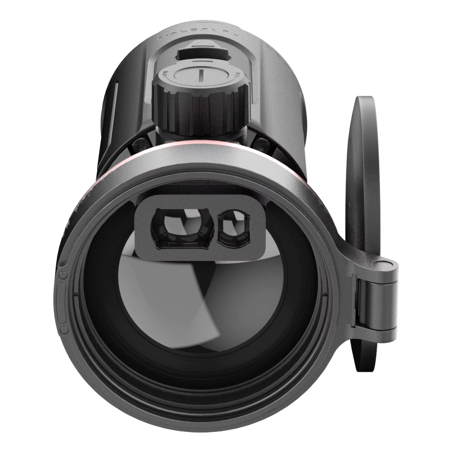 Front view of the HIKMICRO Thunder TQ50CL 3.0 thermal imaging clip-on scope, showcasing the 50mm objective lens with the integrated laser rangefinder.