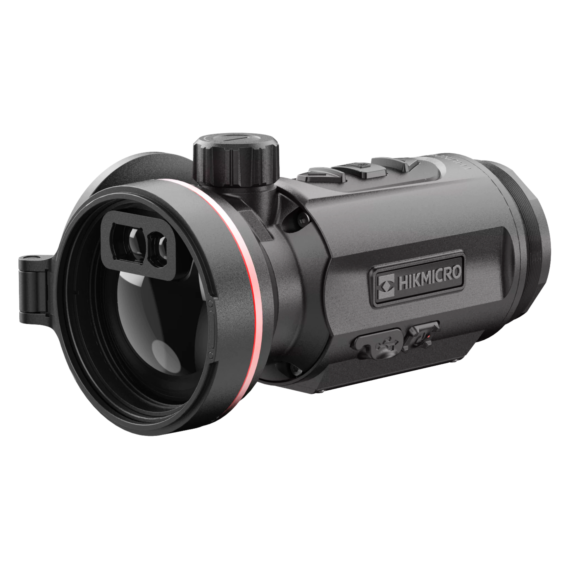 The HIKMICRO Thunder TQ50C 3.0 thermal imaging clip-on scope, shown in a three-quarter view with the objective lens facing left.