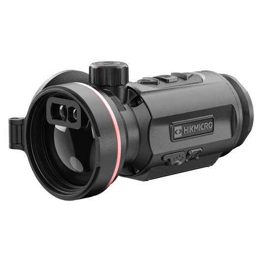 The HIKMICRO Thunder TQ50C 3.0 thermal imaging clip-on scope, shown in a three-quarter view with the objective lens facing left.