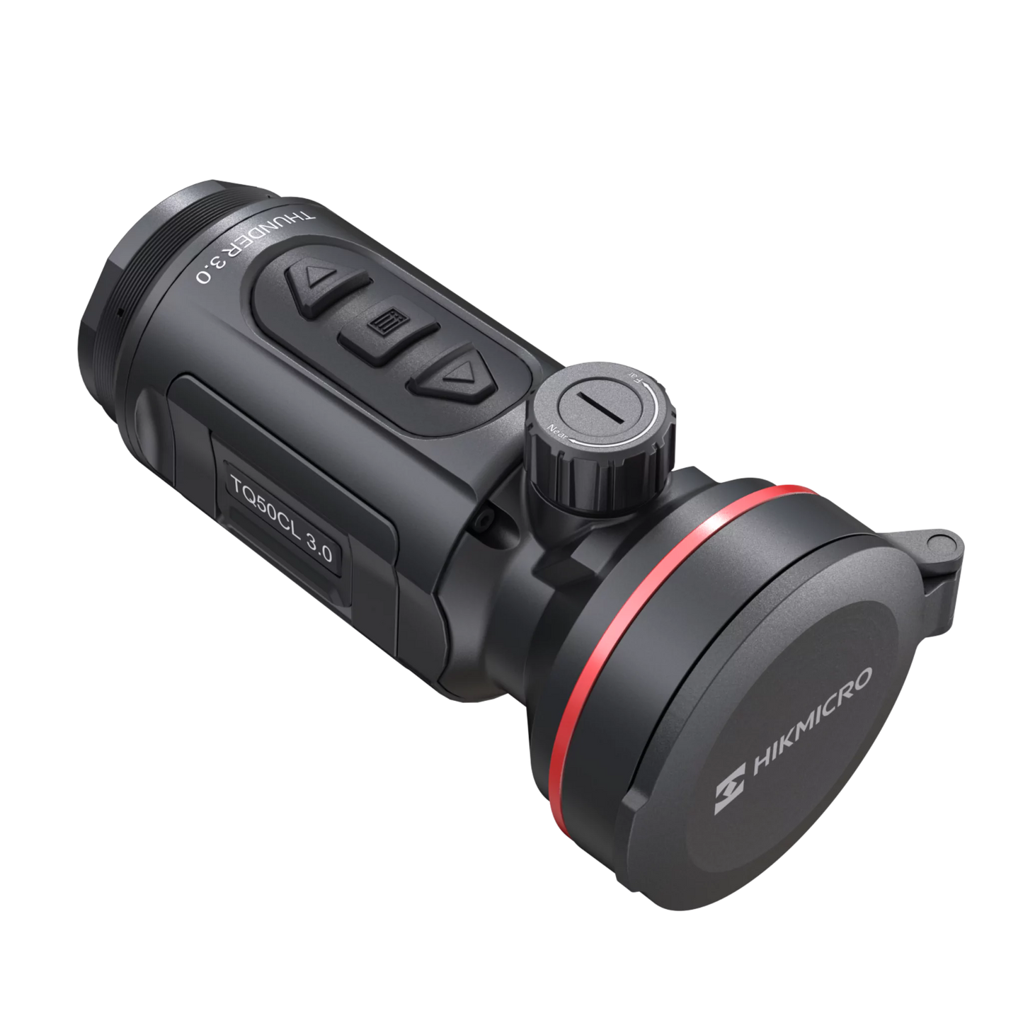 Top view of the HIKMICRO Thunder TQ50CL 3.0 thermal imaging clip-on scope, angled slightly to the right, with the protective lens cap closed.